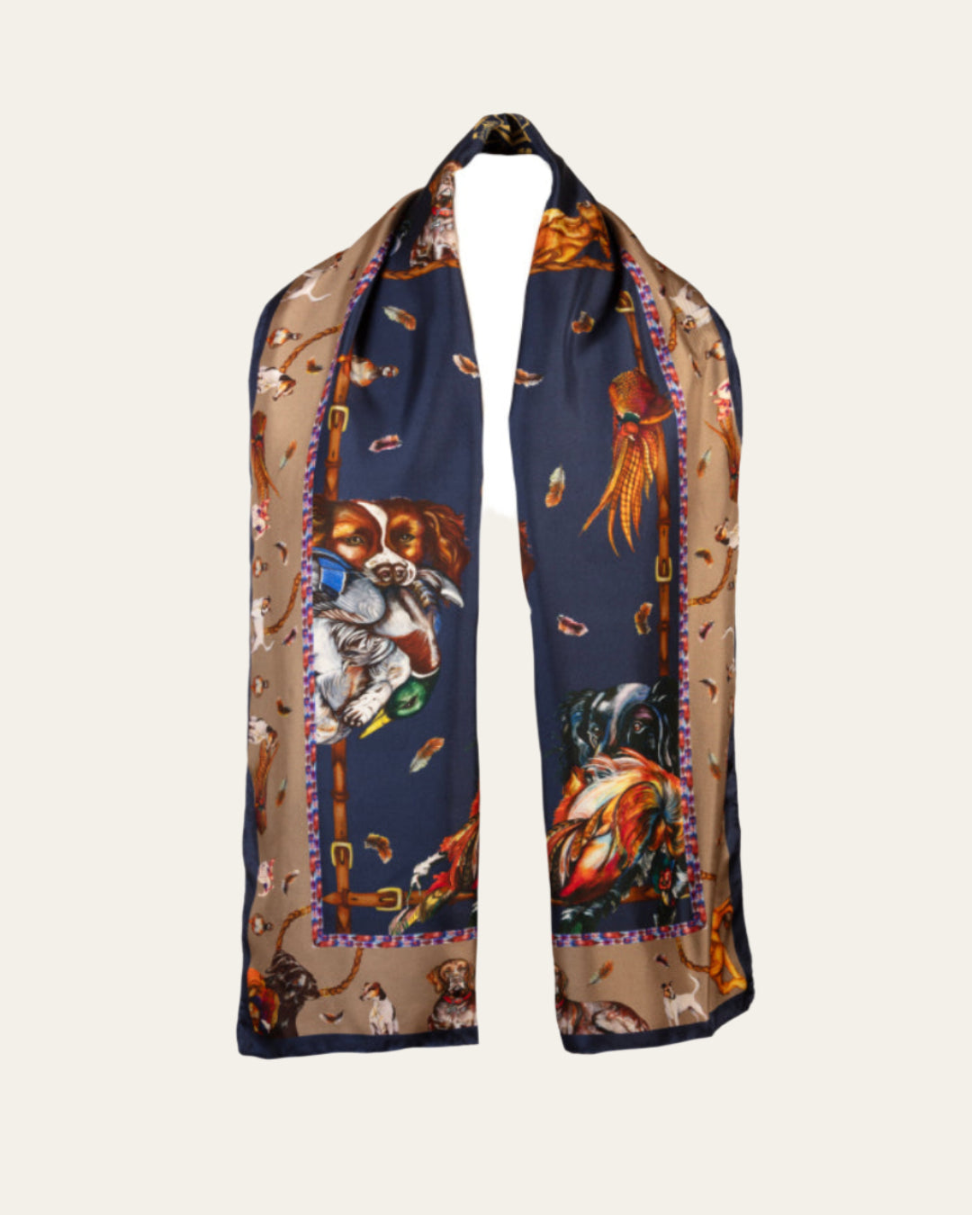It’s A Dog’s Life silk scarf with detailed illustrations of gun dogs and game birds, navy and fawn