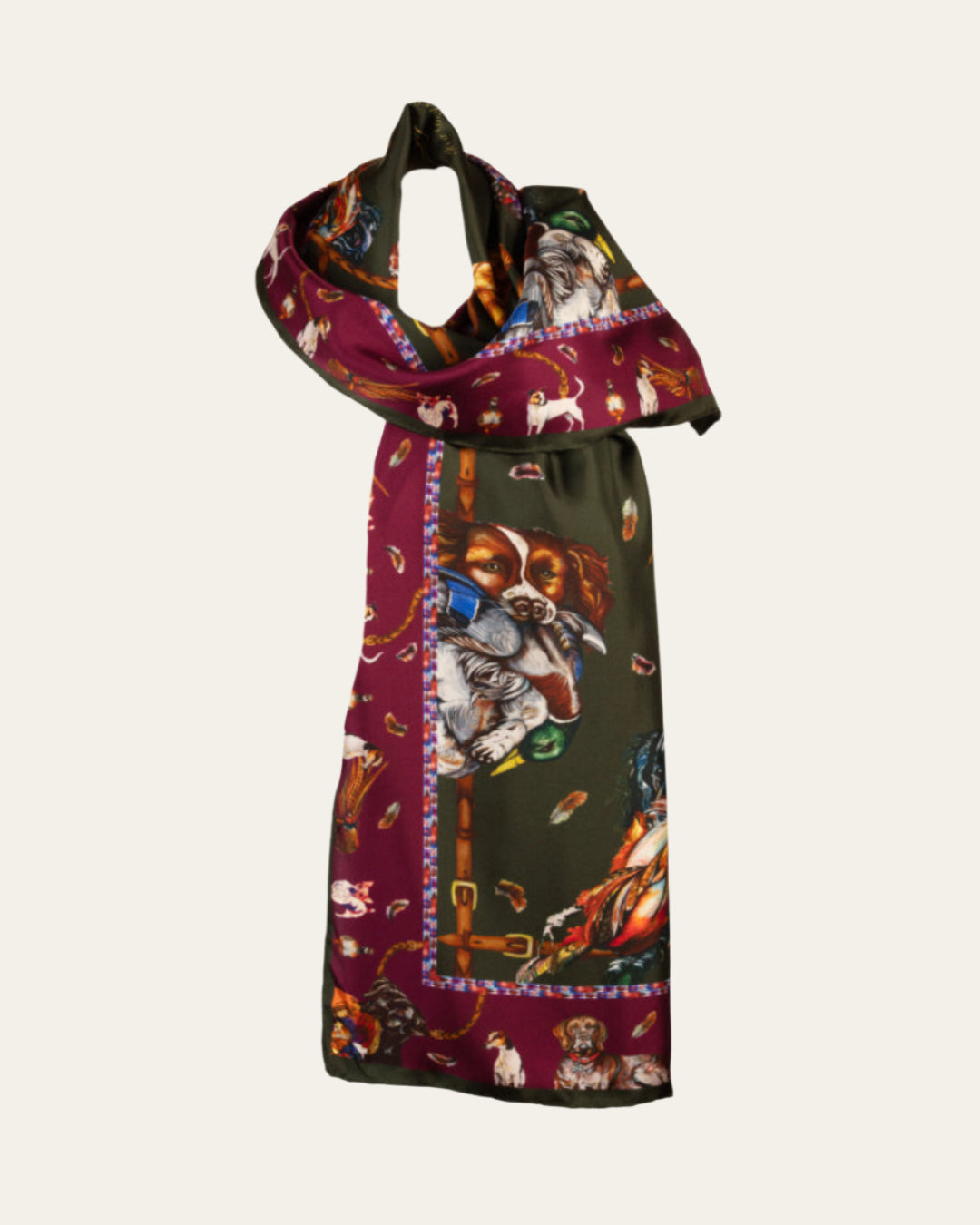 Classic silk scarf in hunter green and oxblood with gun dog breeds and game birds by Clare Haggas