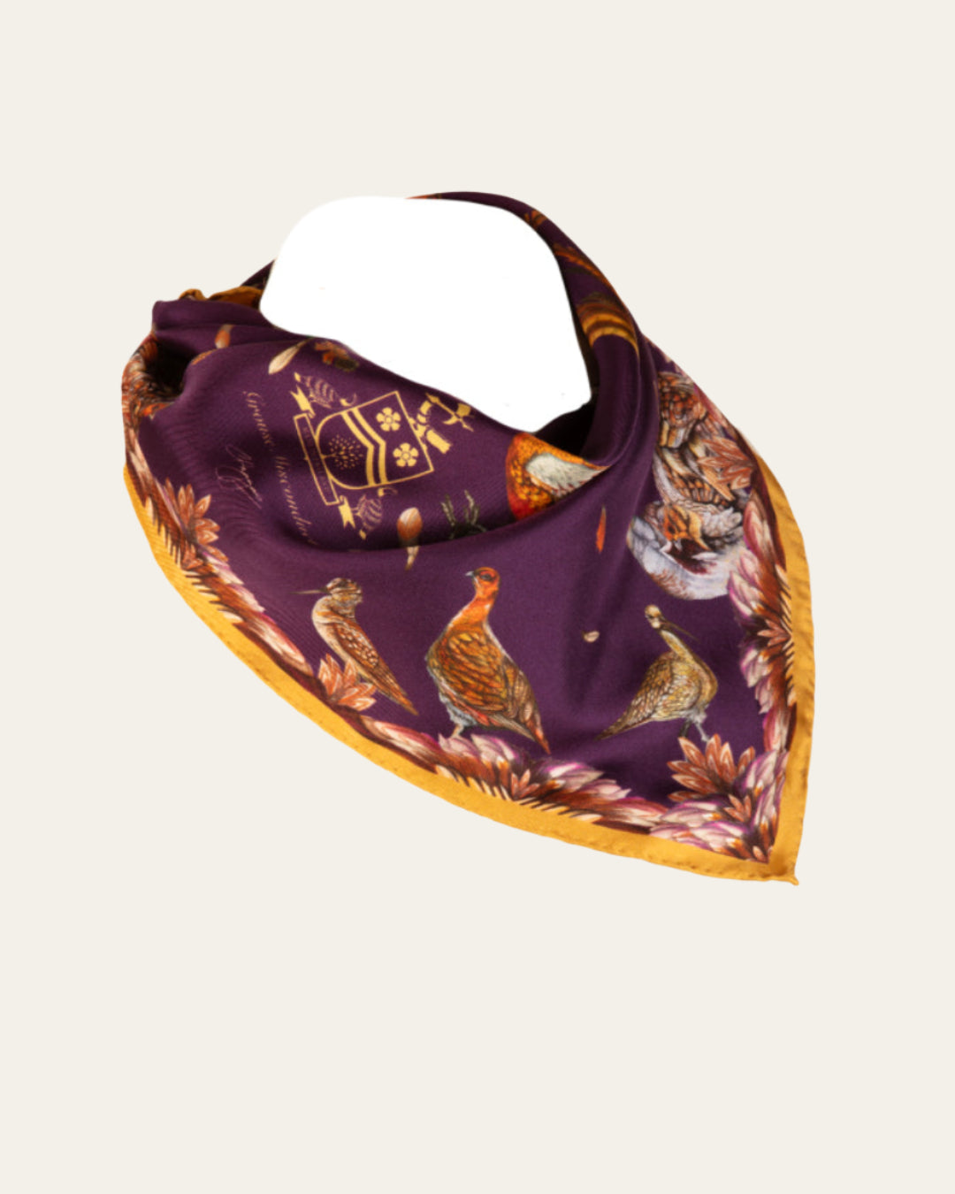 Medium square silk scarf by Clare Haggas with aubergine and gold tones, featuring red grouse design