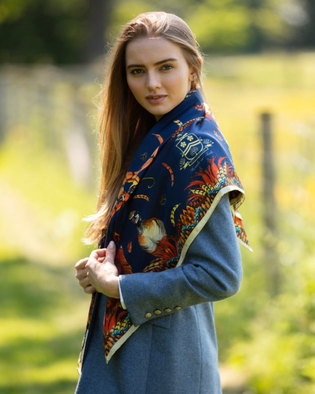 Heads or Tails large square silk scarf featuring intricate game bird illustrations in navy and gold