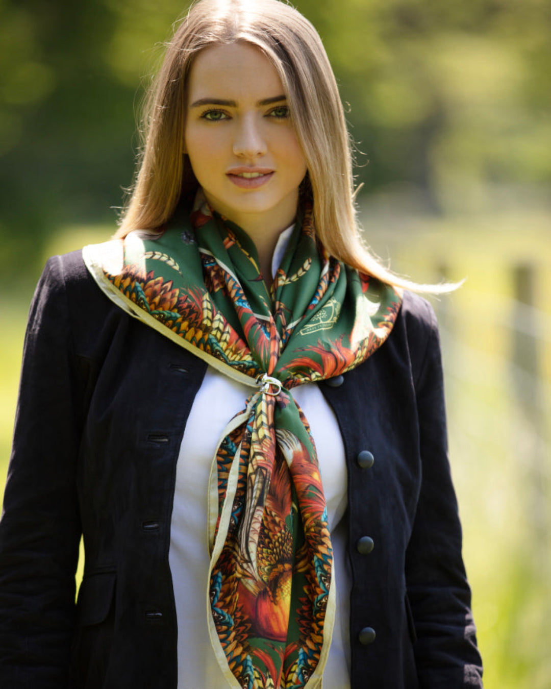 Heads or Tails large square silk scarf featuring intricate game bird illustrations in khaki