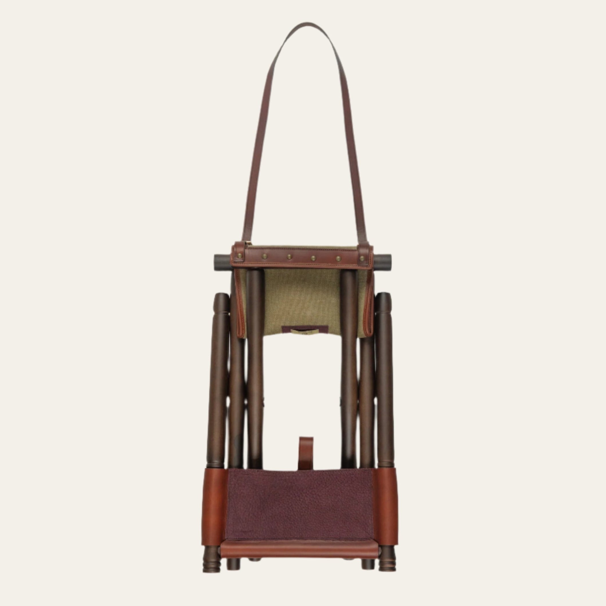 Handmade canvas and leather foldable chair with backrest and beech wood legs, easy to carry