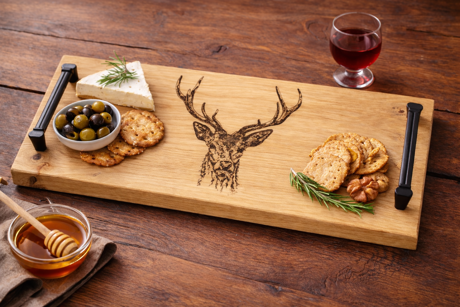 Oak Cheese Board - Black Steel Handles - Stag Head