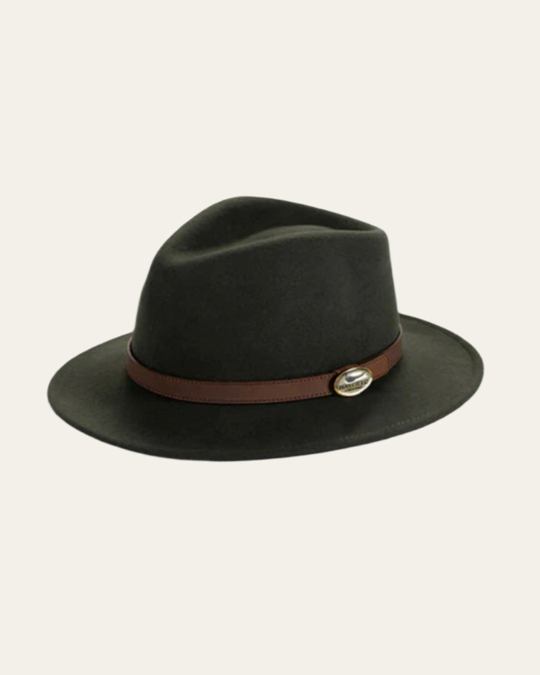 Classic green fedora with a tan leather band, perfect for country outings