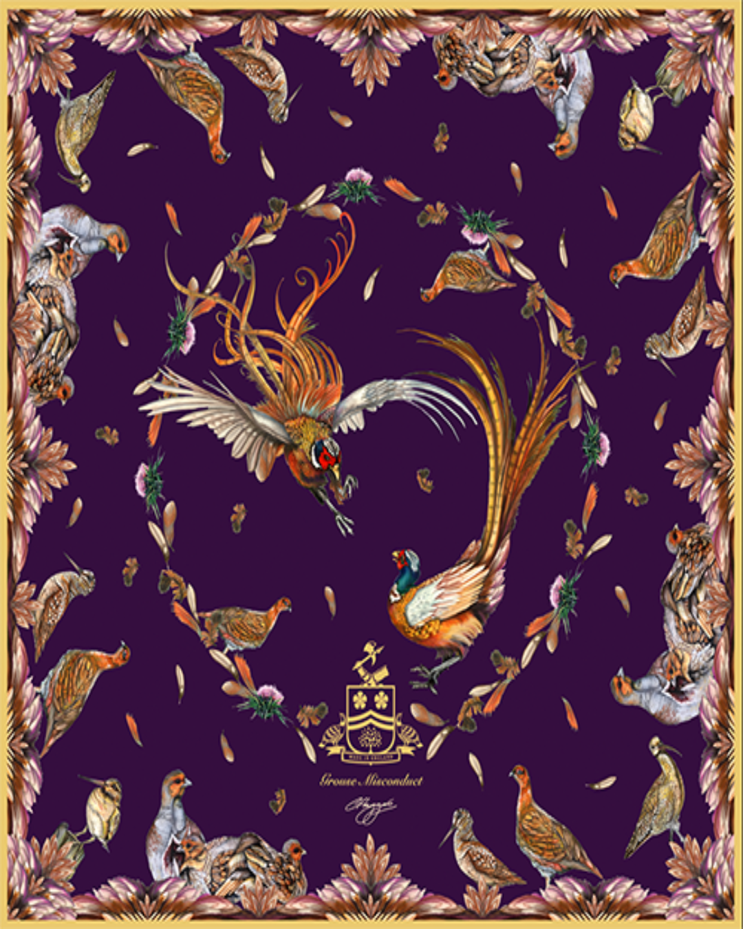 Luxury handcrafted silk scarf with Clare Haggas’s original red grouse artwork, aubergine and gold, 90cm x 90cm
