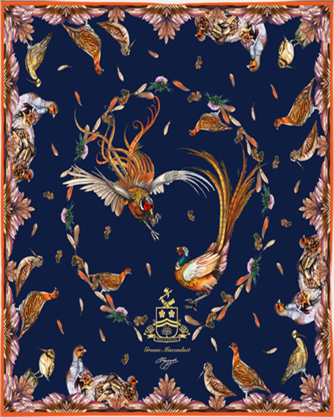 Handcrafted medium square silk scarf with red grouse artwork, crafted in England, 90cm x 90cm