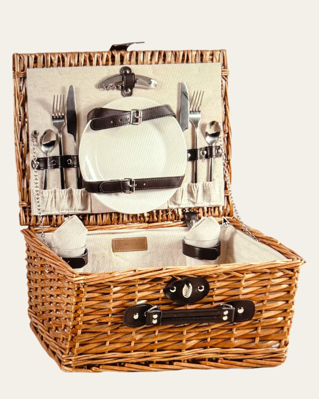 Handcrafted 2-Person Classic Beige Canvas Picnic Basket
