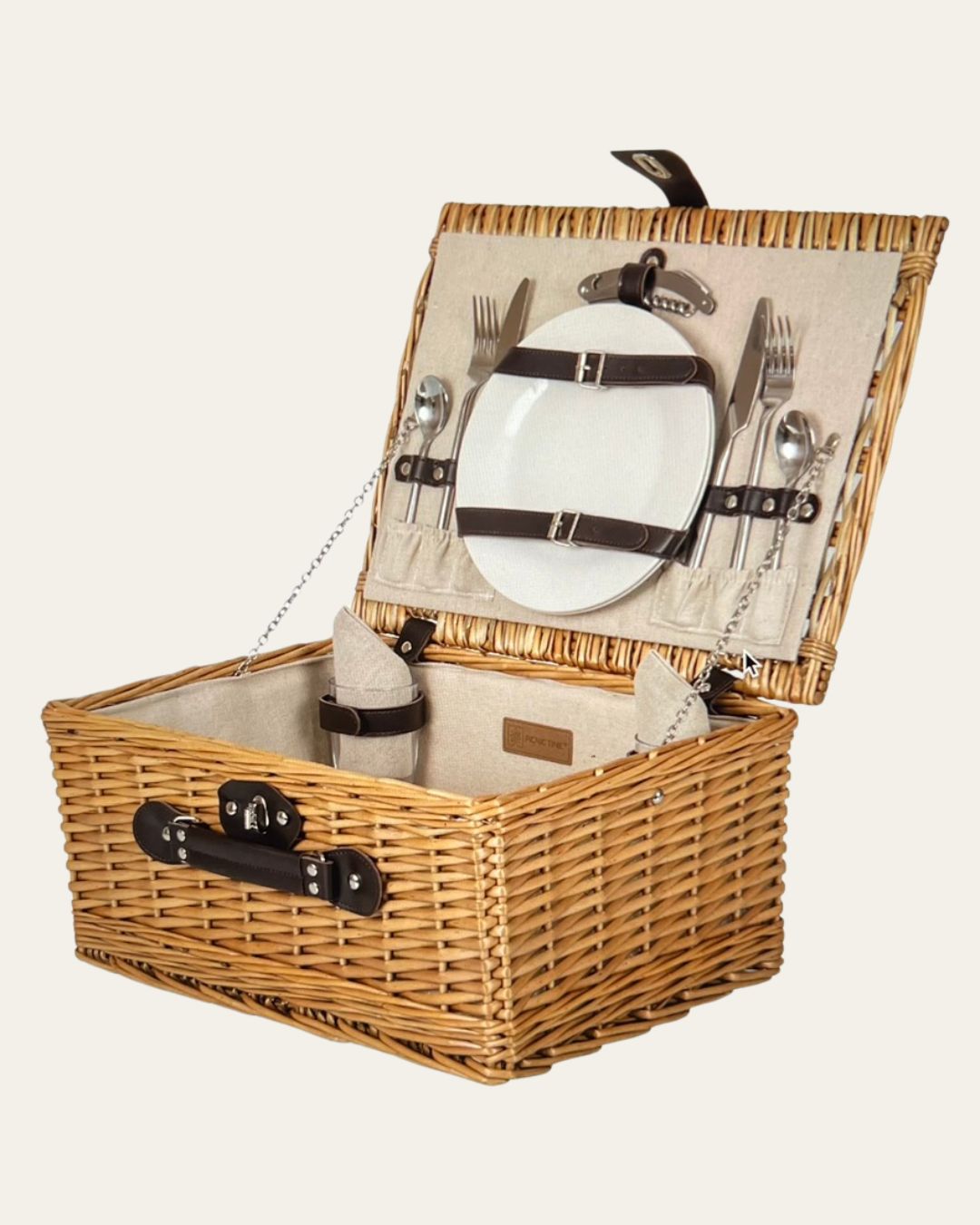 Handcrafted 2-Person Classic Beige Canvas Picnic Basket
