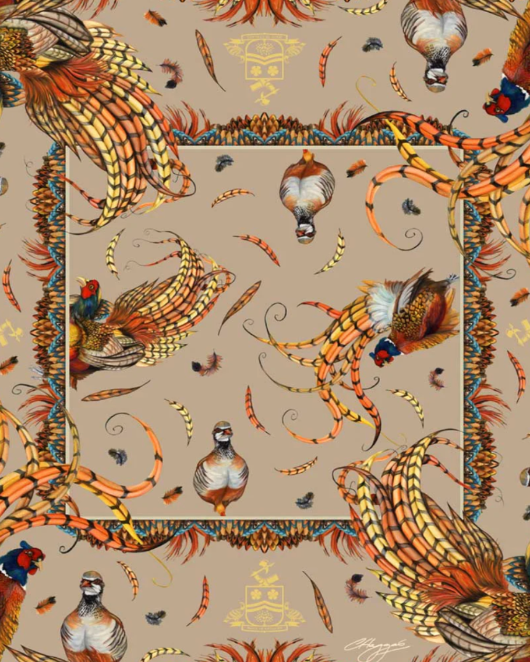 Heads or Tails medium square silk scarf featuring vibrant game birds in toffee and navy hues