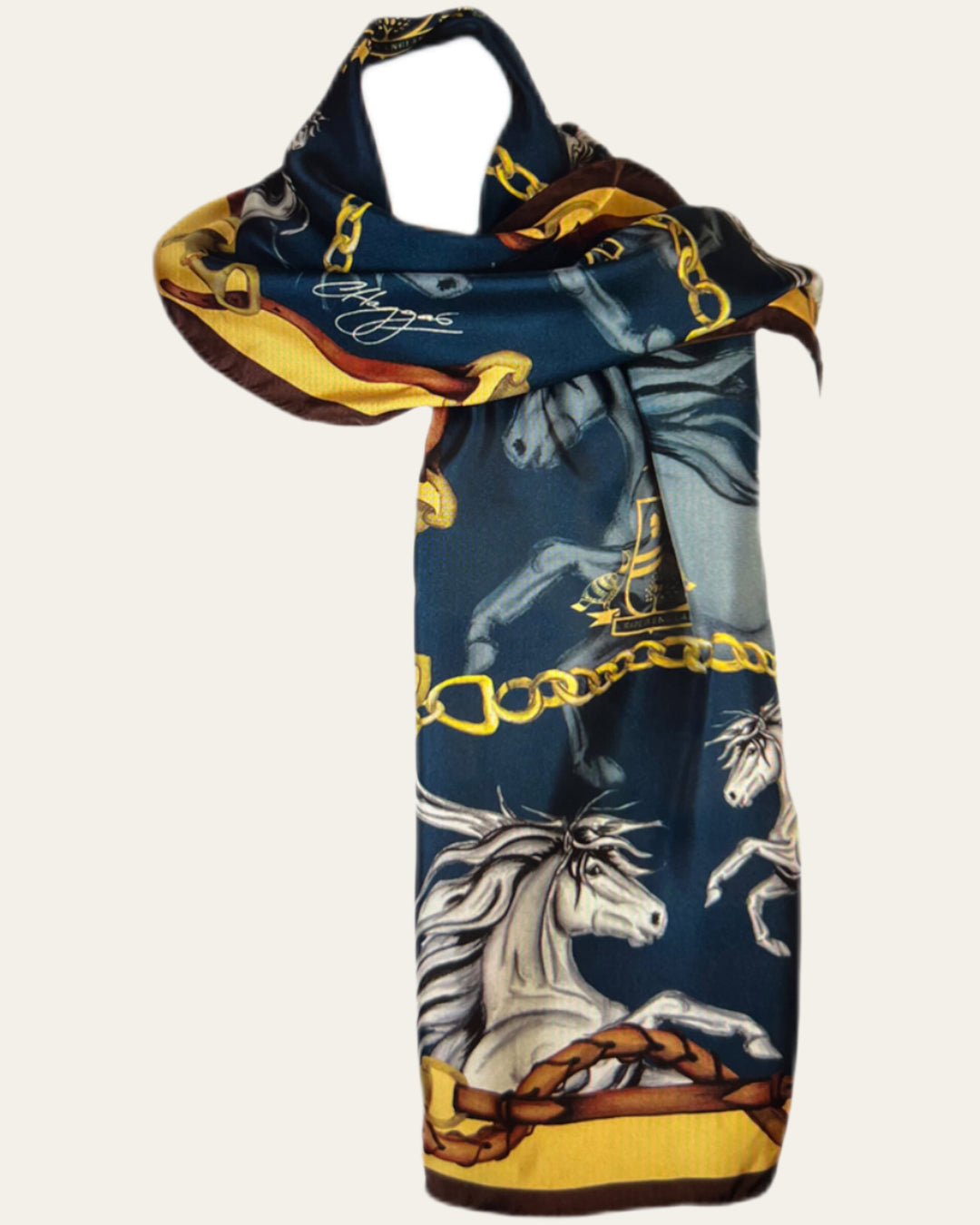 Chic Silk Scarf with Horse Motif in Toffee and Gold