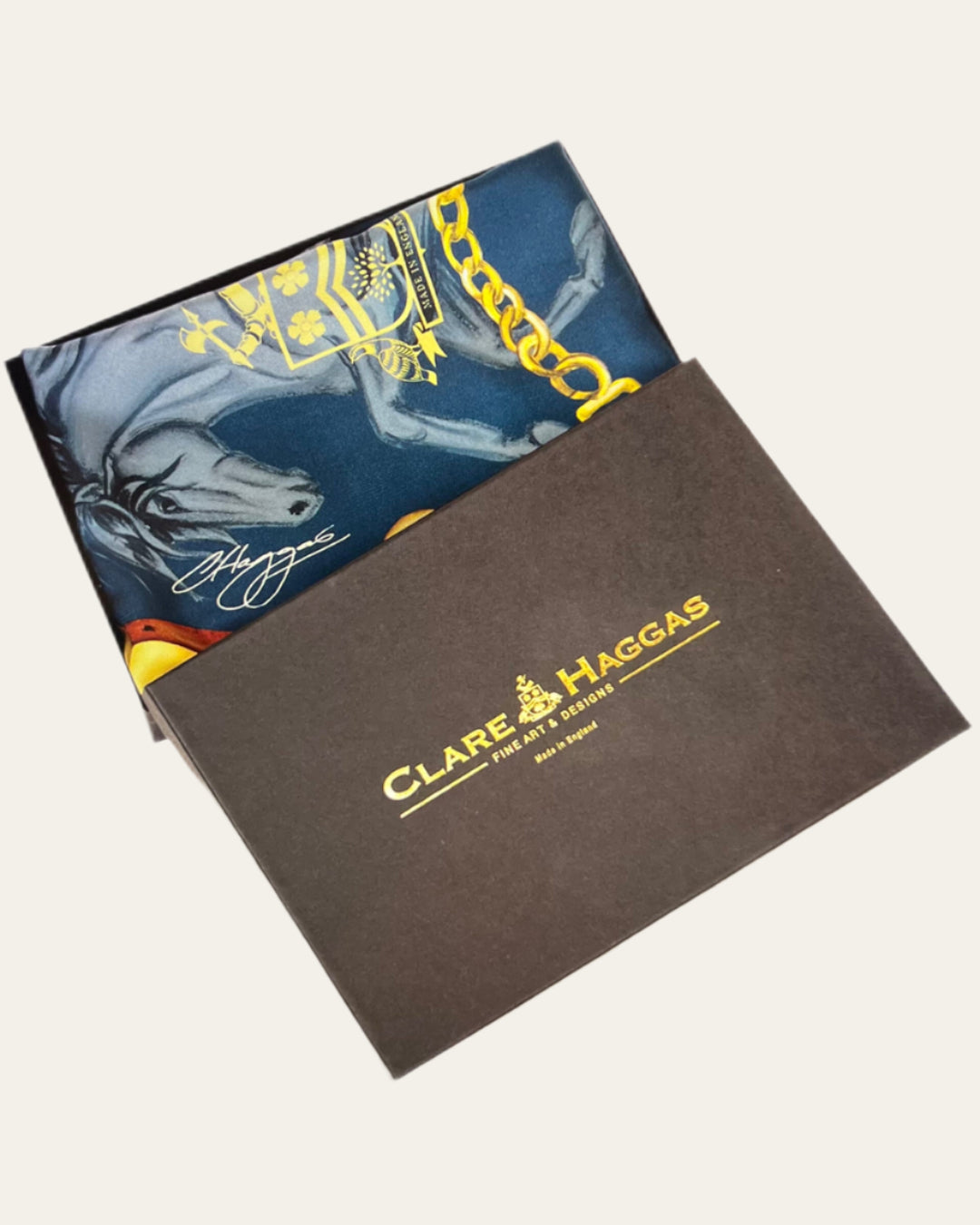 Elegant Silk Scarf with Horse Motif in Navy and Gold