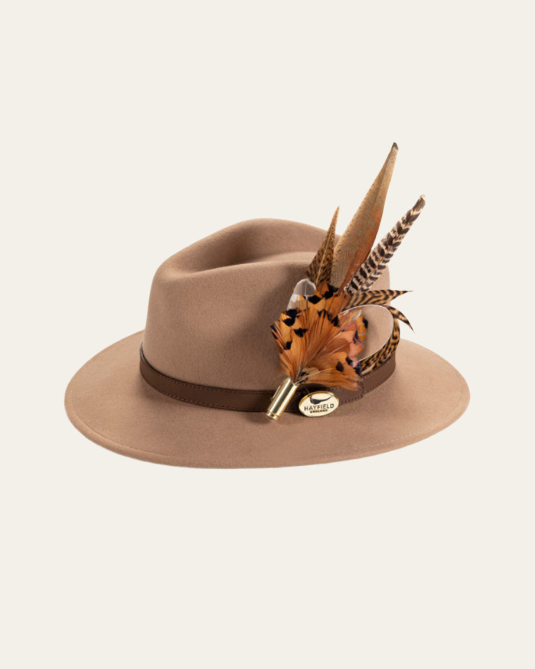 Elegant golden pheasant feather hat pin with a hand-engineered cartridge