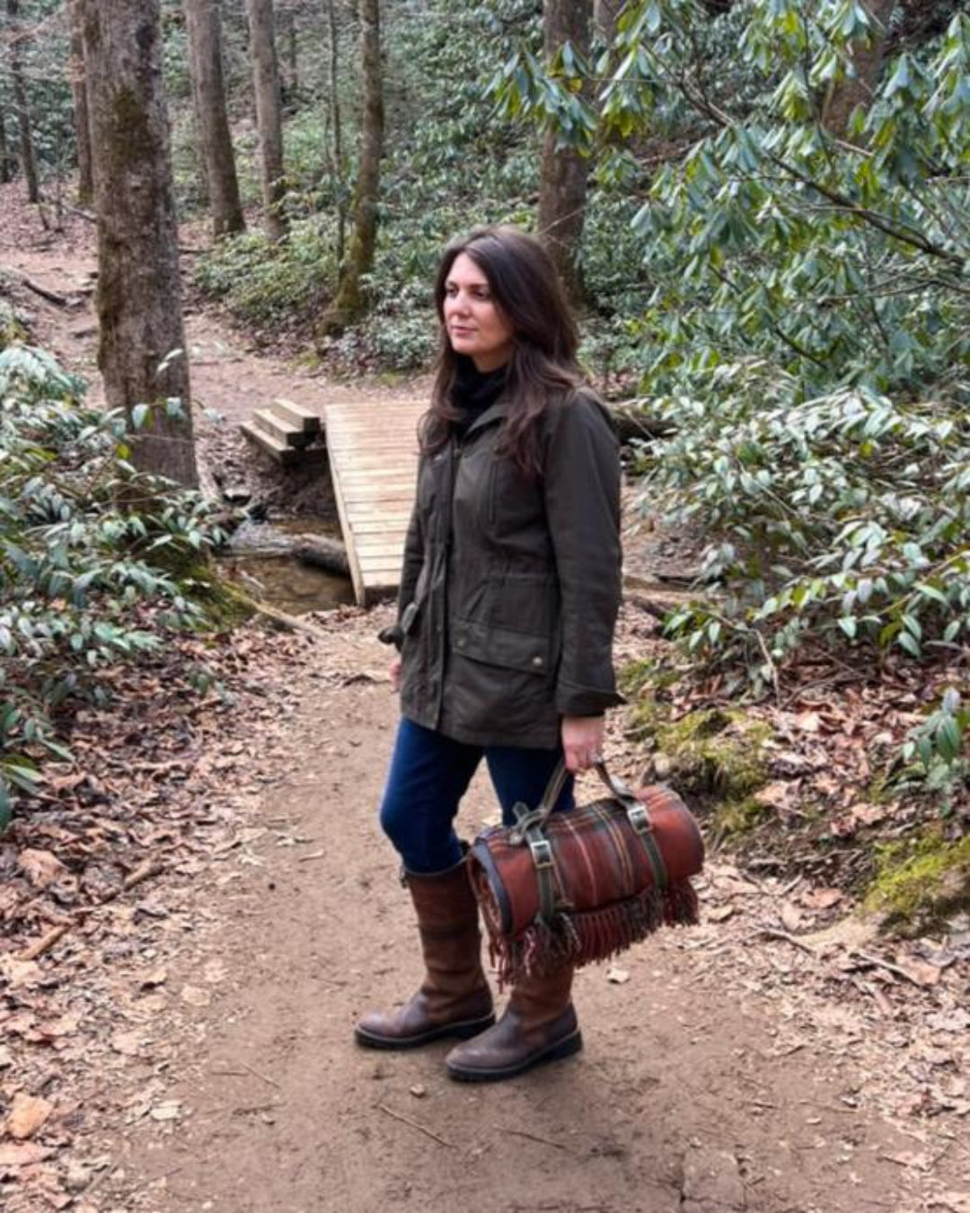 Stewart Royal Antique Tartan recycled wool picnic blanket with leather carrier