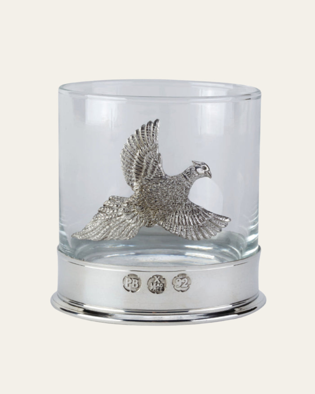 Heavyweight glass whisky tumbler with flying pheasant motif in presentation box