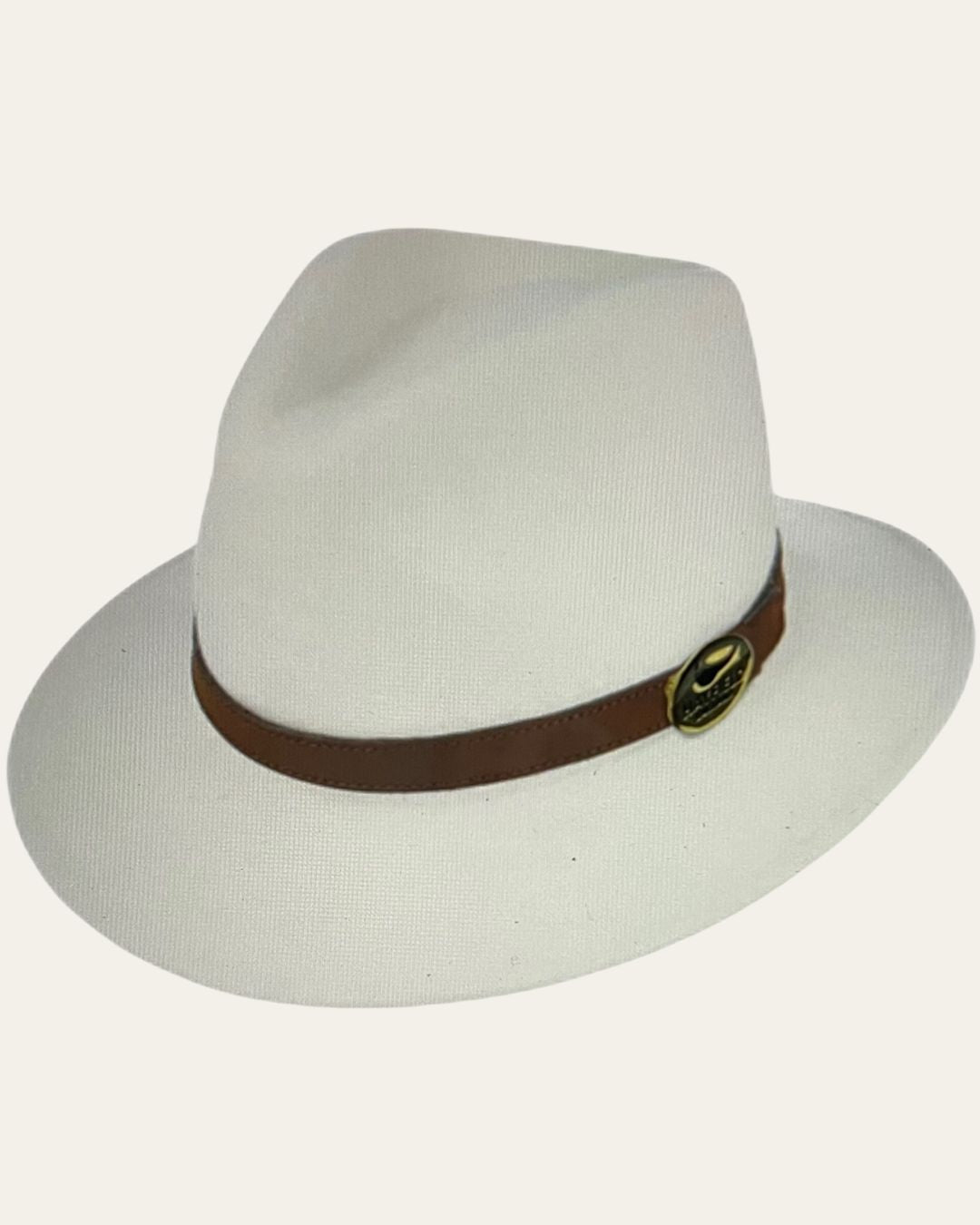 White Fedora Hat with Brown Leather Band