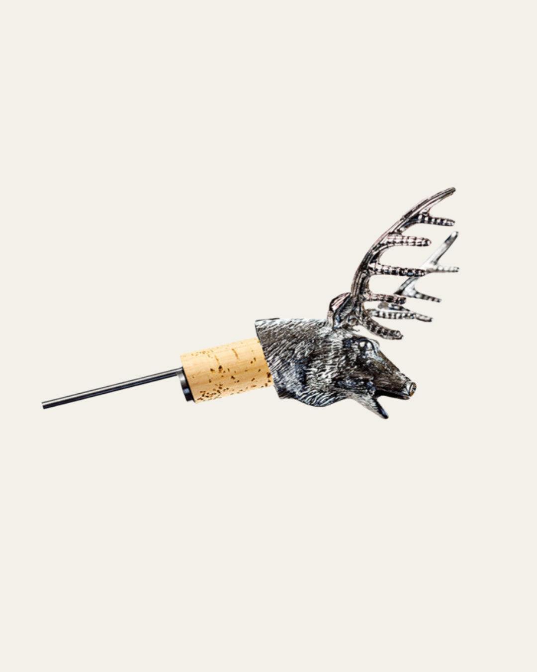 Highland-inspired stainless steel bottle pourer in the shape of a stag head, gift-boxed