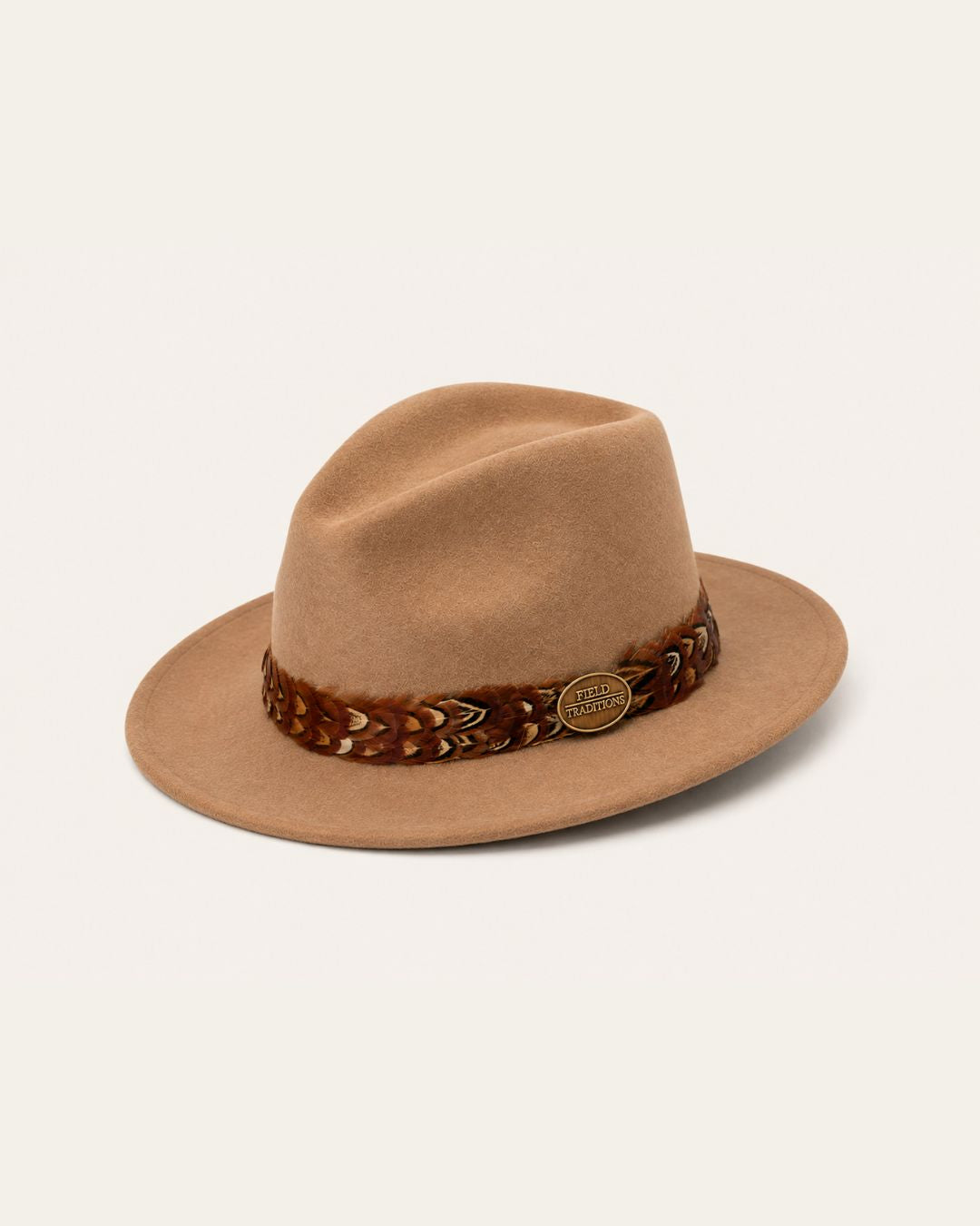 Camel Fedora Hat with Pheasant Feather Band