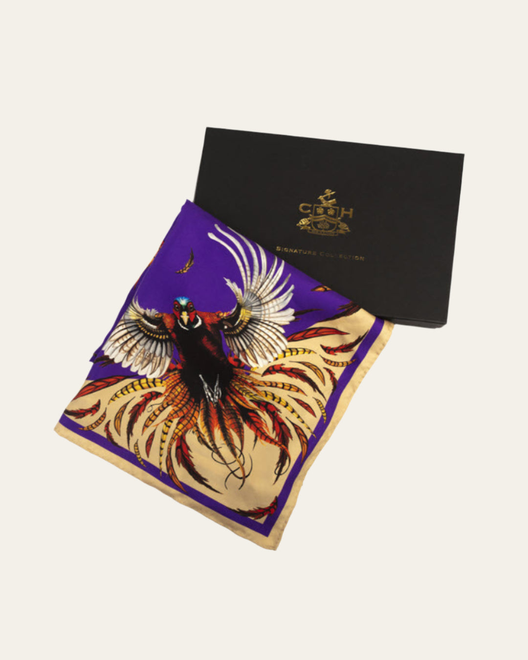 Handcrafted British-made silk scarf with vibrant red grouse design and bespoke packaging