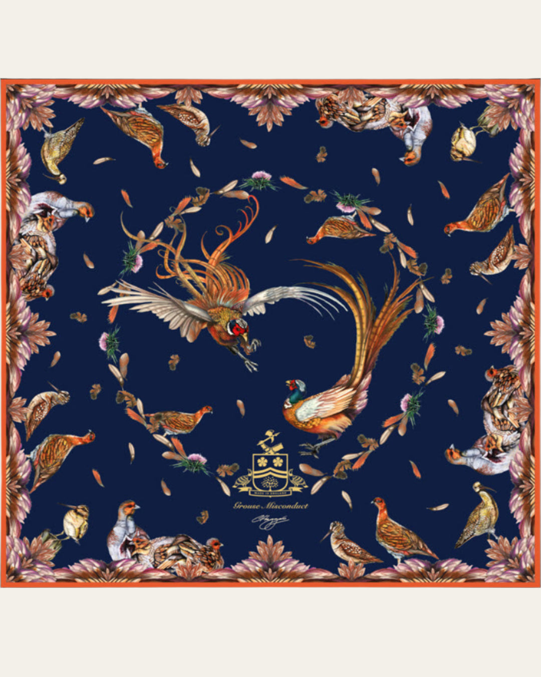 Handcrafted British-made silk scarf with red grouse artwork, part of Clare Haggas’s Grouse Misconduct collection