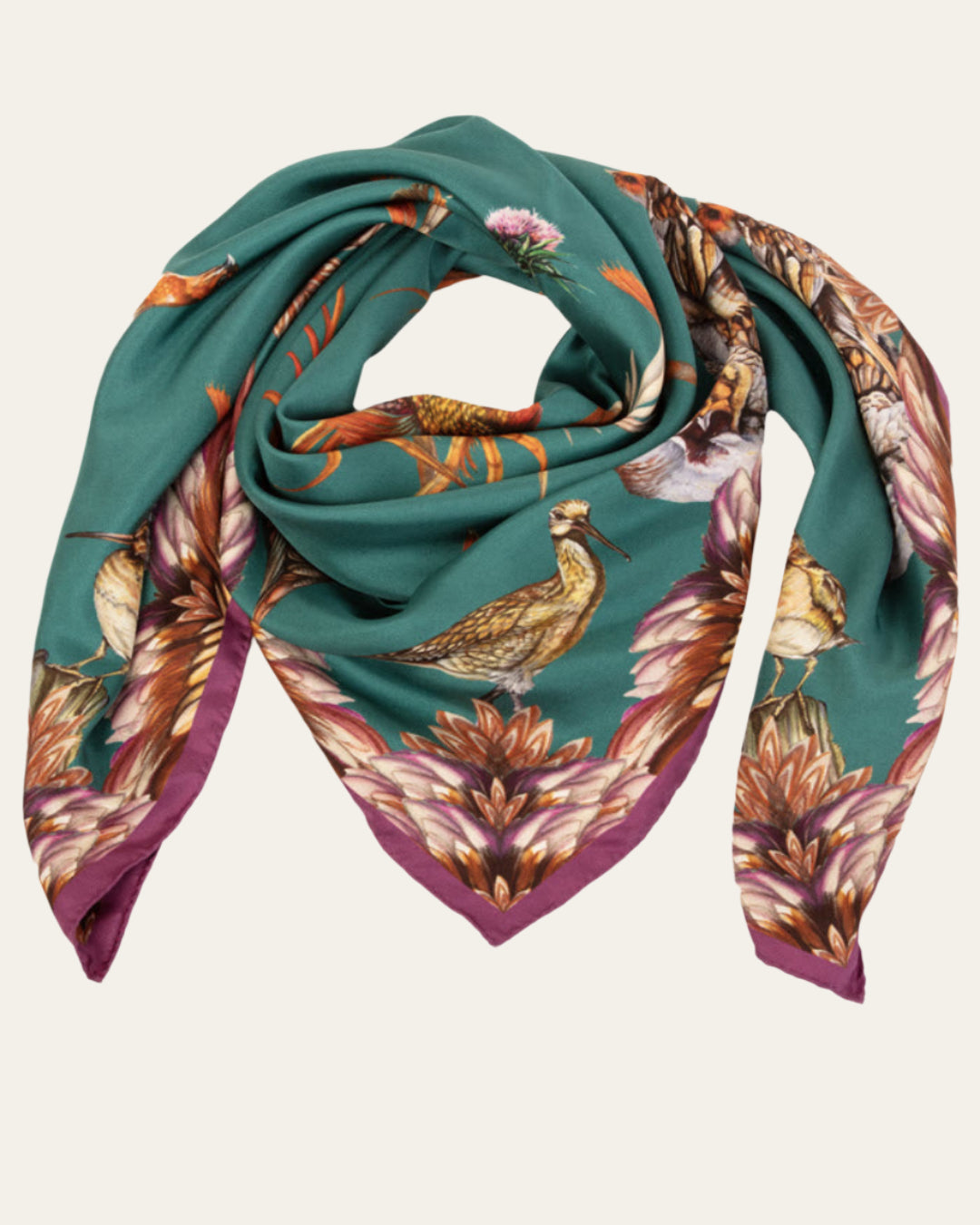 Luxury large square silk scarf by Clare Haggas in teal and aubergine, featuring red grouse design