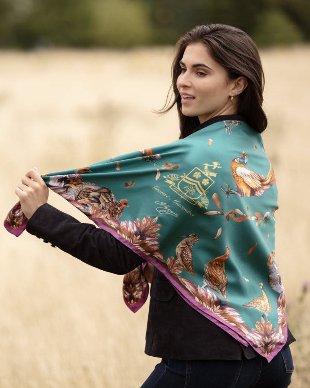 Clare Haggas Grouse Misconduct large silk scarf in teal and aubergine, featuring red grouse artwork, 100cm x 100cm