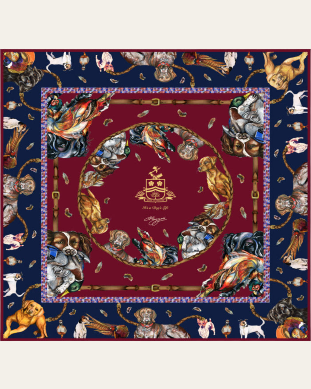 Luxury silk scarf by Clare Haggas featuring gun dogs and game birds, perfect for countryside or casual wear