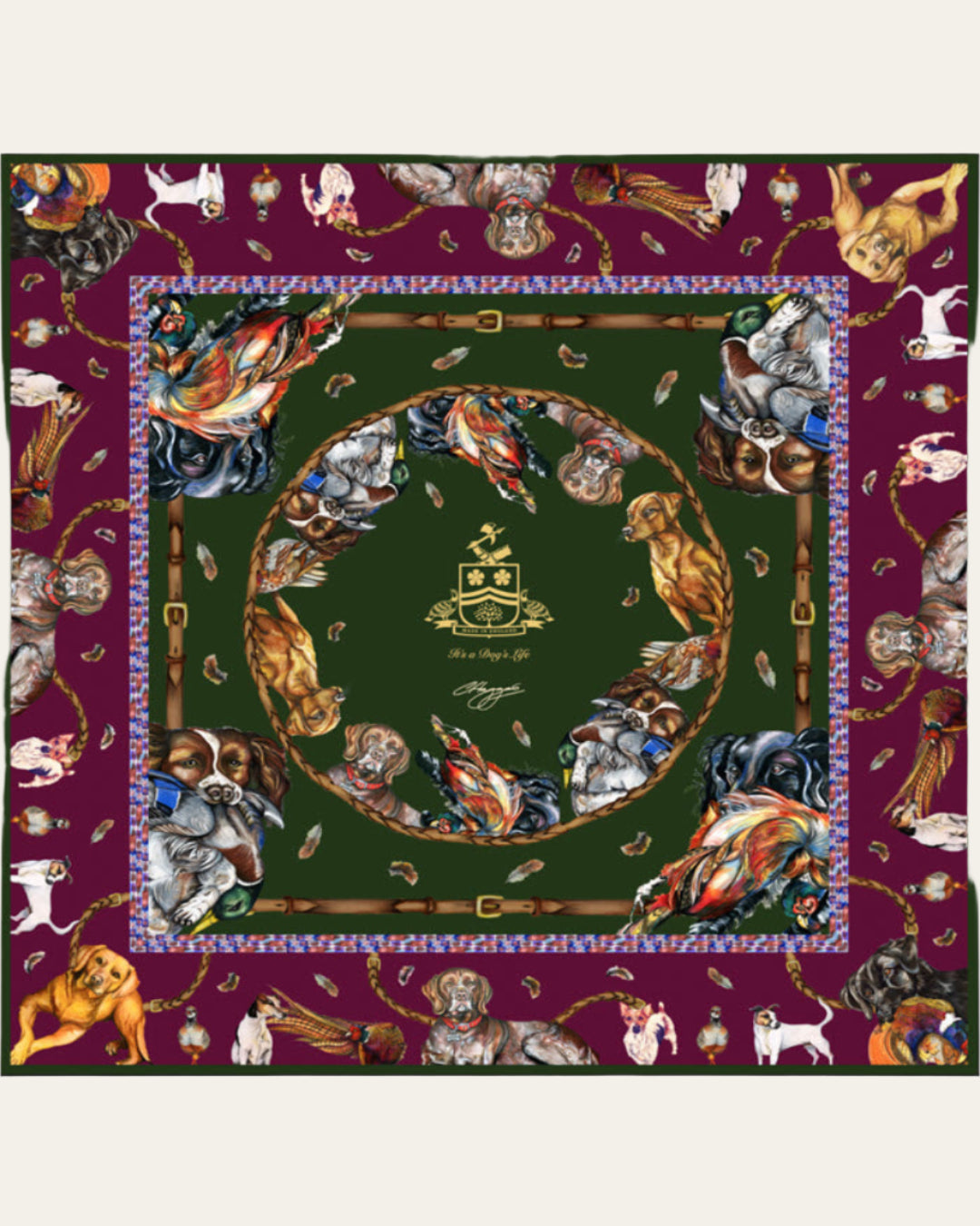 Luxury hunter green and oxblood silk scarf by Clare Haggas, showcasing gun dog breeds and game birds