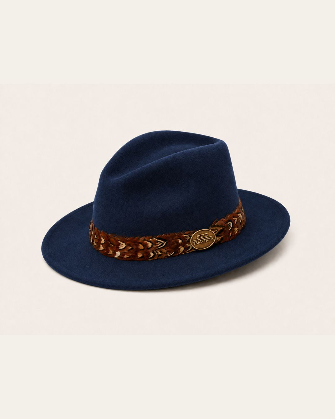 Navy Blue Felt Fedora with Pheasant Feather Band
