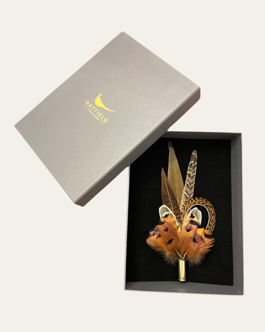Curled Golden Pheasant Feather Pin with Hen Tail and Cock Flank