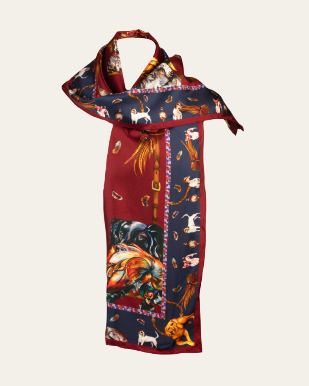 It’s A Dog’s Life classic silk scarf with detailed illustrations of gun dogs and game birds