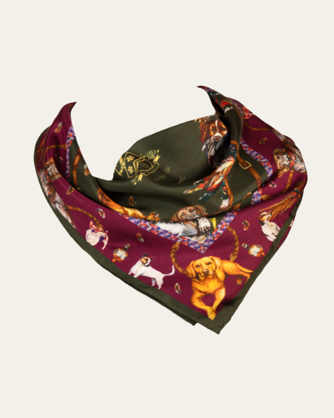 It’s a Dog’s Life medium square silk scarf with detailed illustrations of gun dogs and game birds, in hunter green and oxblood