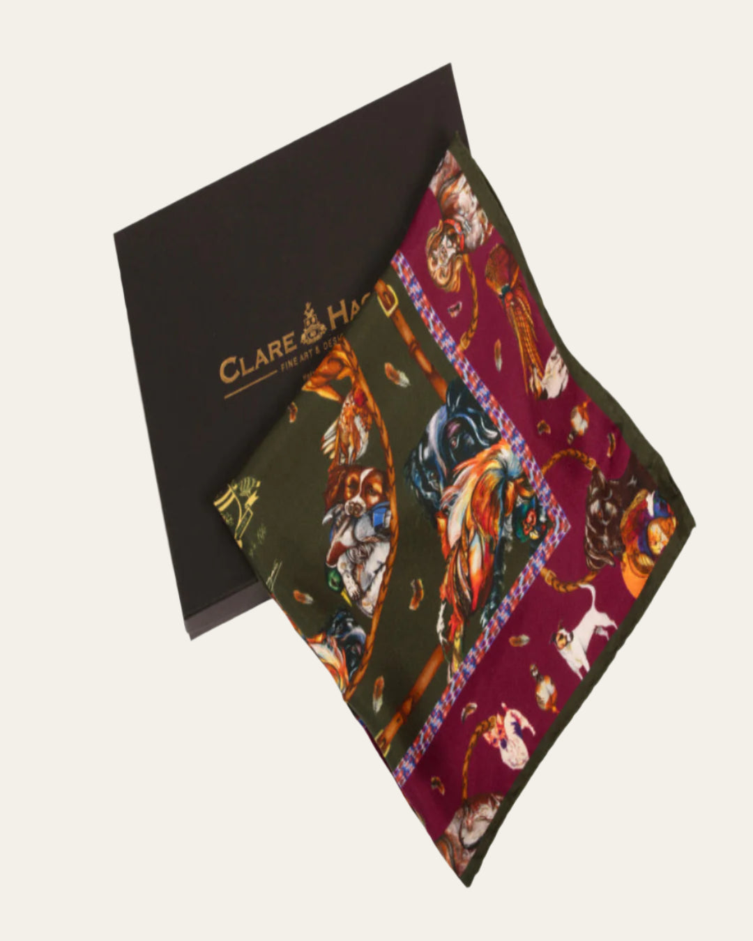 Luxury silk scarf by Clare Haggas showcasing gun dogs and game birds, perfect for versatile styling