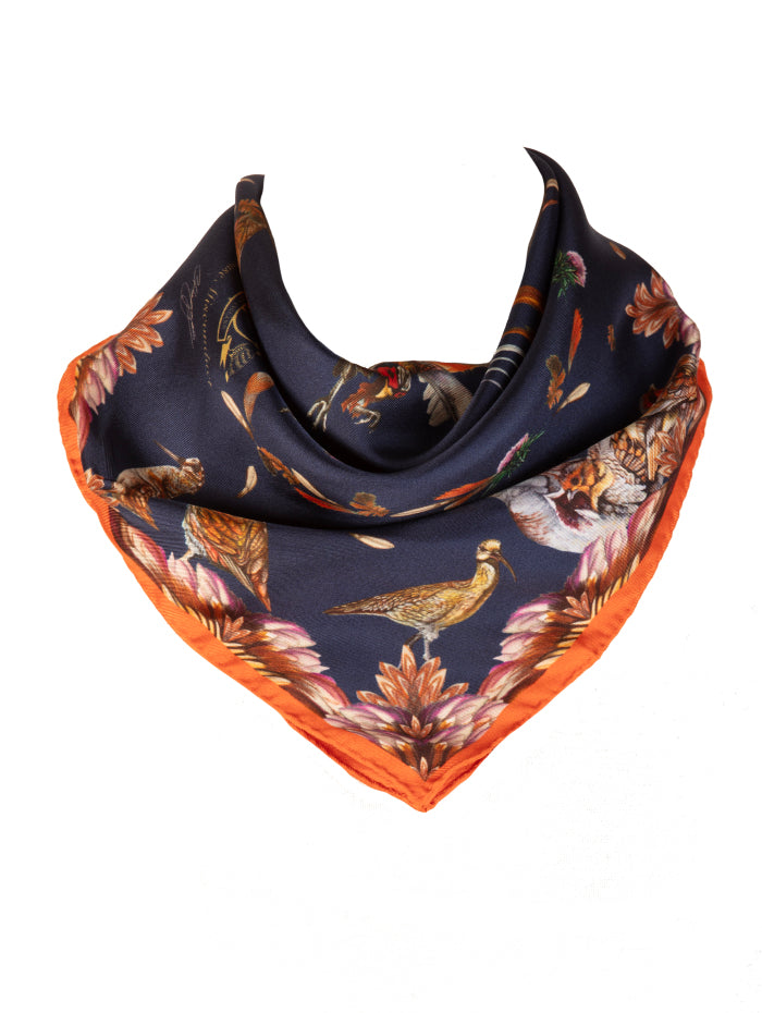 Luxury silk scarf by Clare Haggas in navy and Seville, part of the Grouse Misconduct collection