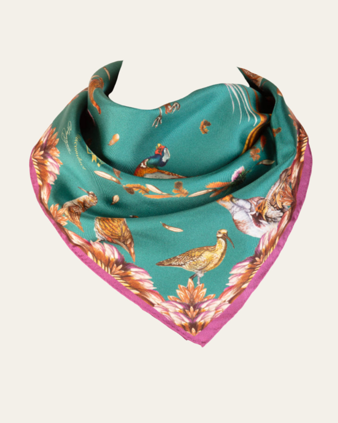 Clare Haggas medium square silk scarf with a bold teal and aubergine design, celebrating English heritage