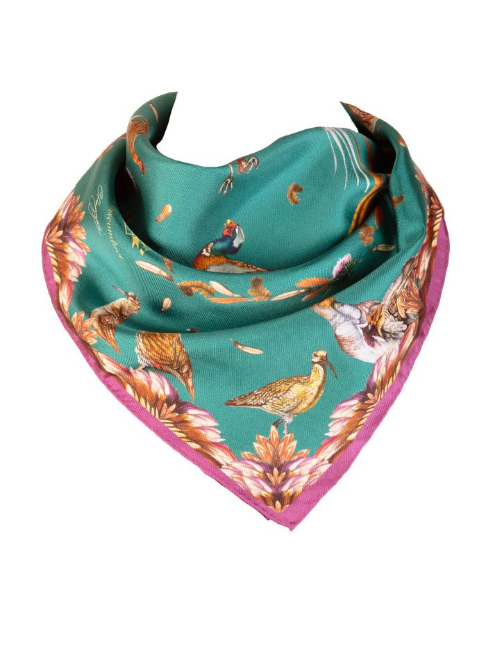 Clare Haggas medium square silk scarf with a bold teal and aubergine design, celebrating English heritage