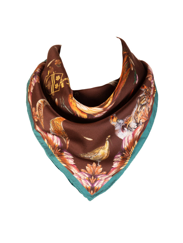 Luxury medium square silk scarf by Clare Haggas, with red grouse design on chocolate and teal backdrop