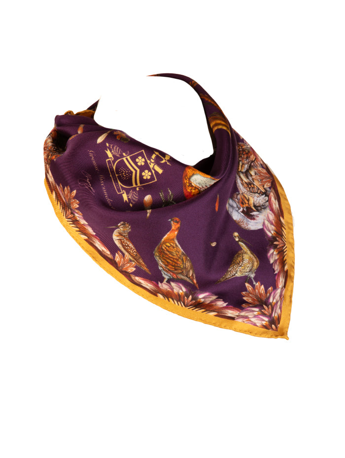 Medium square silk scarf by Clare Haggas with aubergine and gold tones, featuring red grouse design