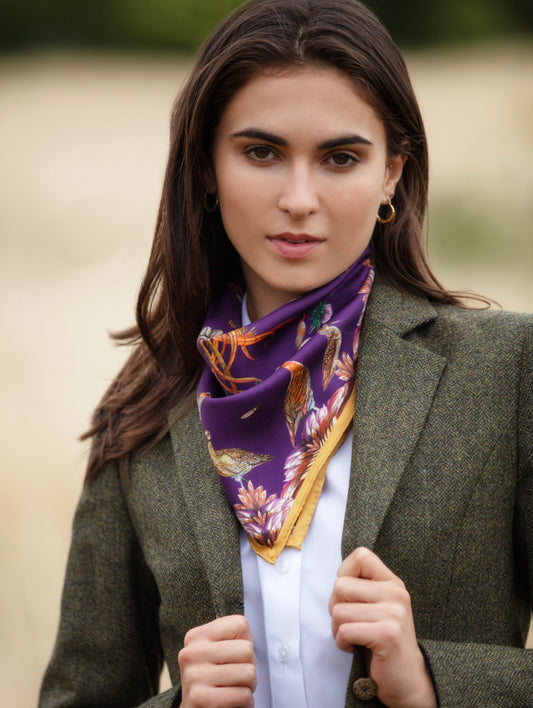 Clare Haggas Grouse Misconduct silk scarf in aubergine and gold, featuring red grouse artwork, 90cm x 90cm