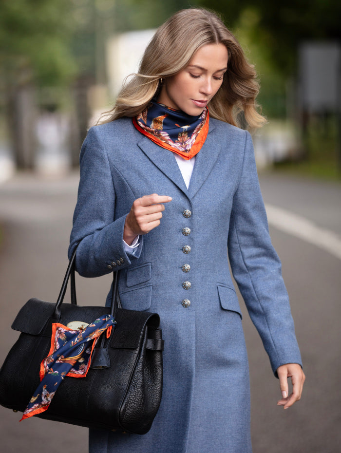 Clare Haggas Grouse Misconduct silk scarf in navy and Seville orange, featuring red grouse design, 90cm x 90cm