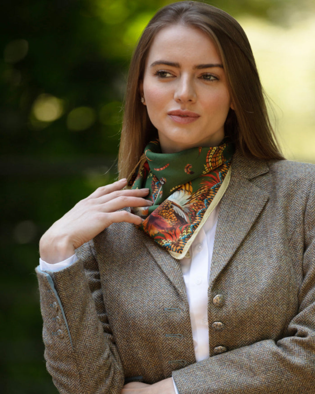 Heads or Tails medium square silk scarf featuring vibrant game bird illustrations in khaki