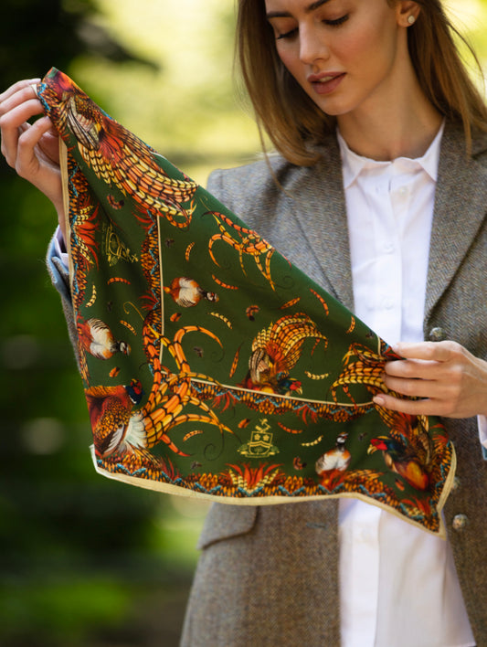 Khaki silk scarf with game bird design by Clare Haggas, medium square size