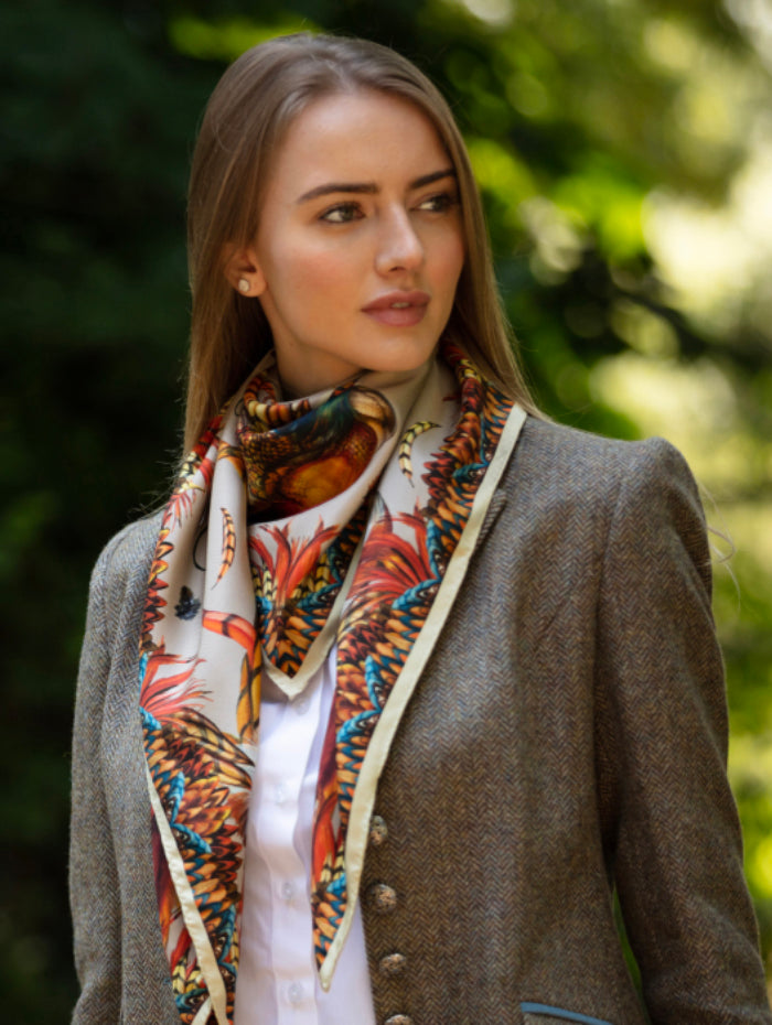 Heads or Tails large square silk scarf featuring intricate game bird illustrations in toffee and navy