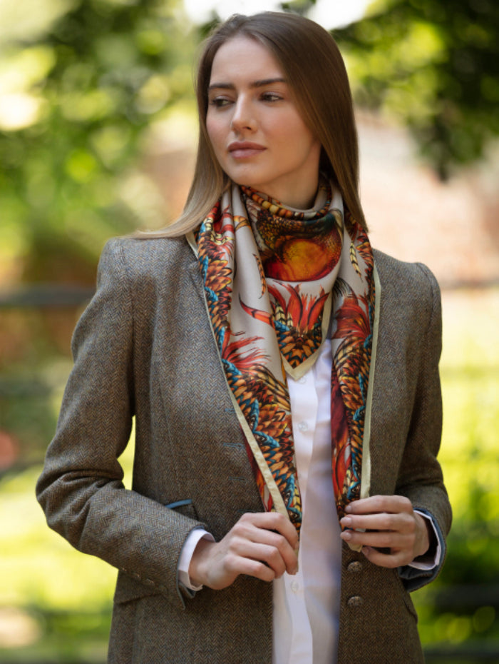 Luxury toffee and navy silk scarf with game bird design by Clare Haggas, large square size