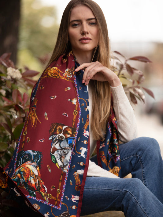 Luxury claret and navy silk scarf featuring gun dog breeds and game birds by Clare Haggas