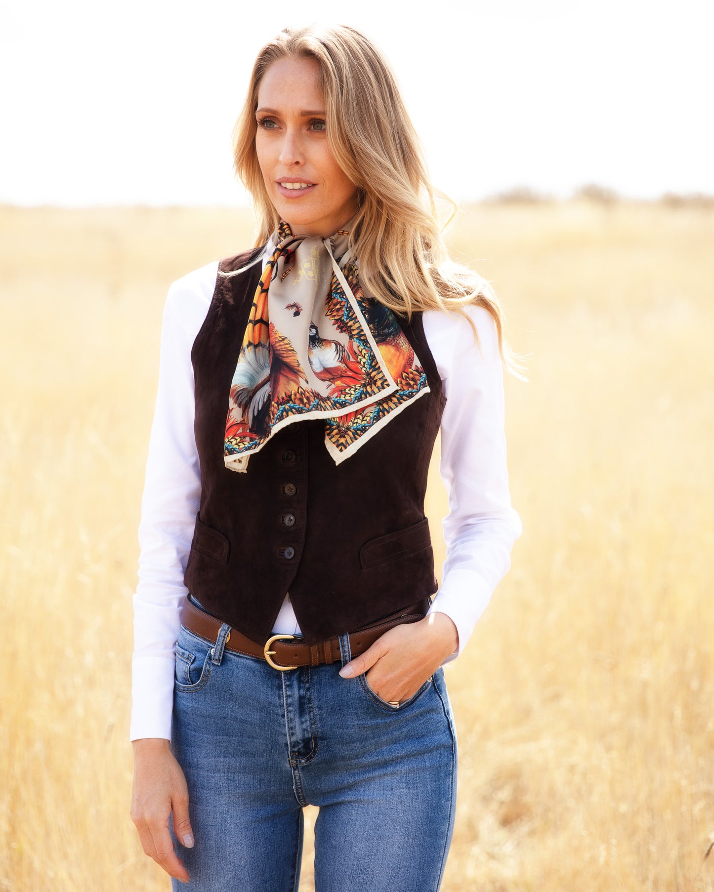 Heads or Tails Toffee & Navy Narrow Square Silk Scarf