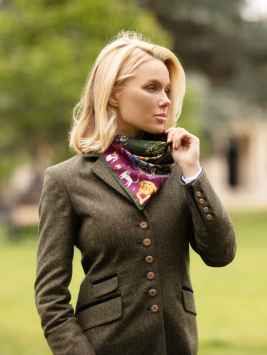 Medium square silk scarf in hunter green and oxblood featuring gun dog breeds and game birds by Clare Haggas