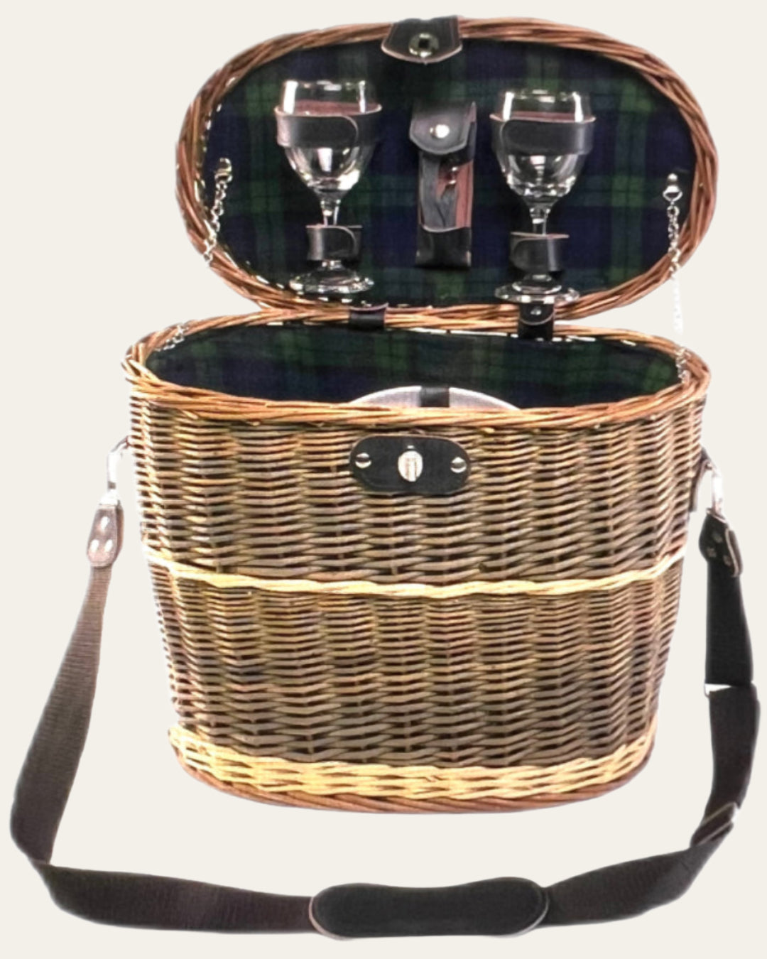 Handcrafted British picnic basket with place settings for two, perfect for outdoor adventures