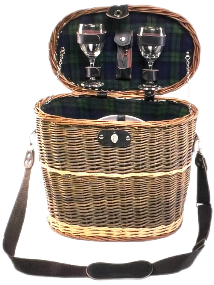 Handcrafted British picnic basket with place settings for two, perfect for outdoor adventures