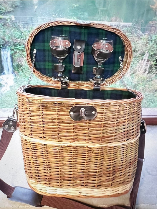 Luxury blue tweed 2-person picnic hamper with leather fittings and green tartan lining