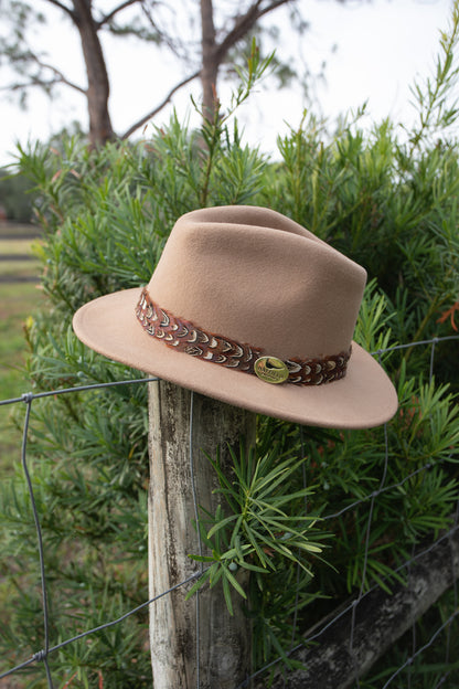 Camel Fedora Hat with Pheasant Feather Band